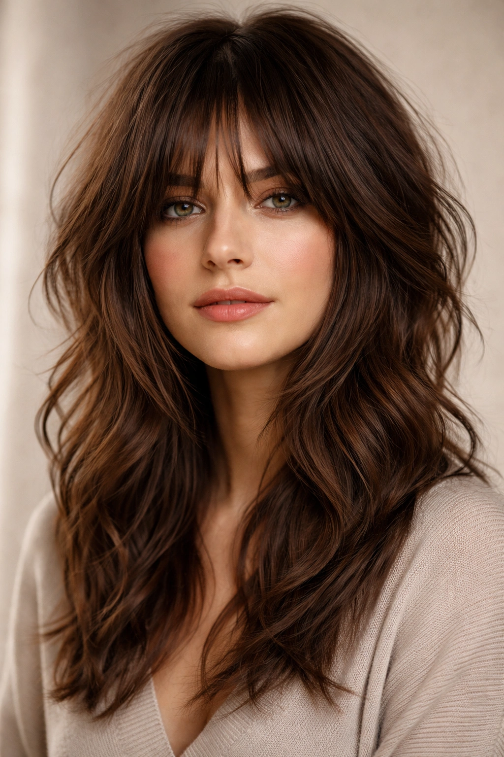 12 Medium Shag Styles For Thick Or Fine Hair 6 Shag with bangs on thick hair, bangs framing the face.