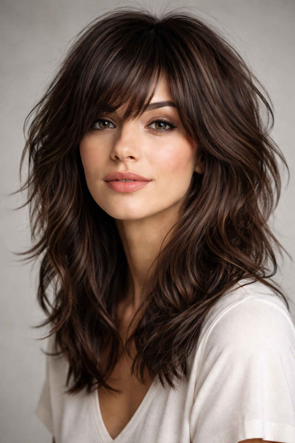 10 Low Maintenance Short Cuts For Thick Heavy Hair 7 Close-up of thick hair styled in a modern shag with side-swept bangs, highlighting texture.