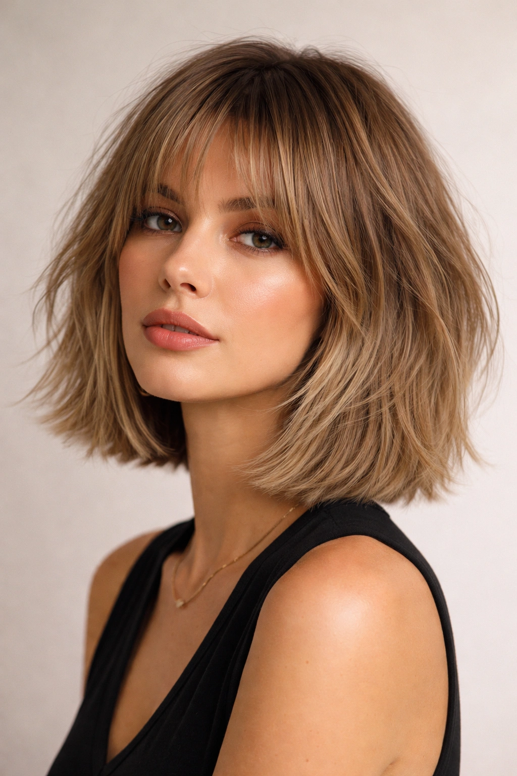 Shag bob combination hairstyle showing textured interior and defined perimeter