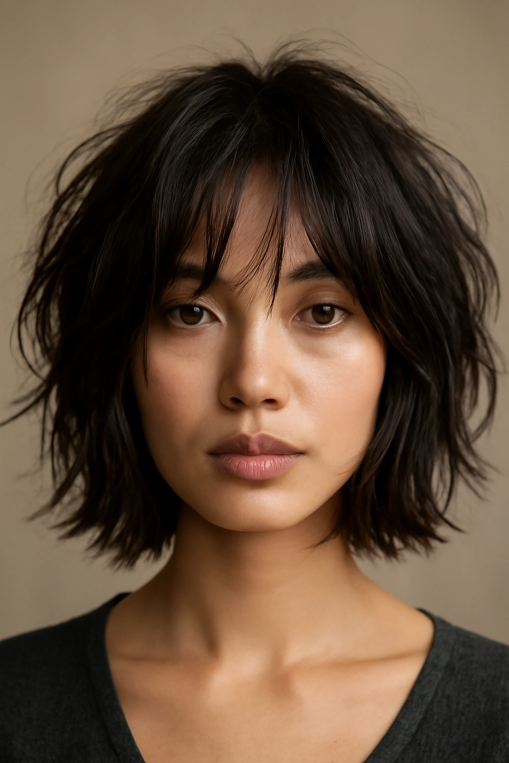 10 Short Bob Haircuts for Asian Women to Bookmark 7 Close-up of a tousled shag bob with disconnected layers and textured movement
