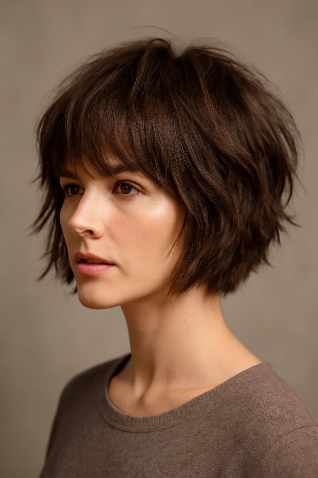 Close-up of a head with a modern shag-bob hybrid haircut showing choppy textured layers and a defined silhouette