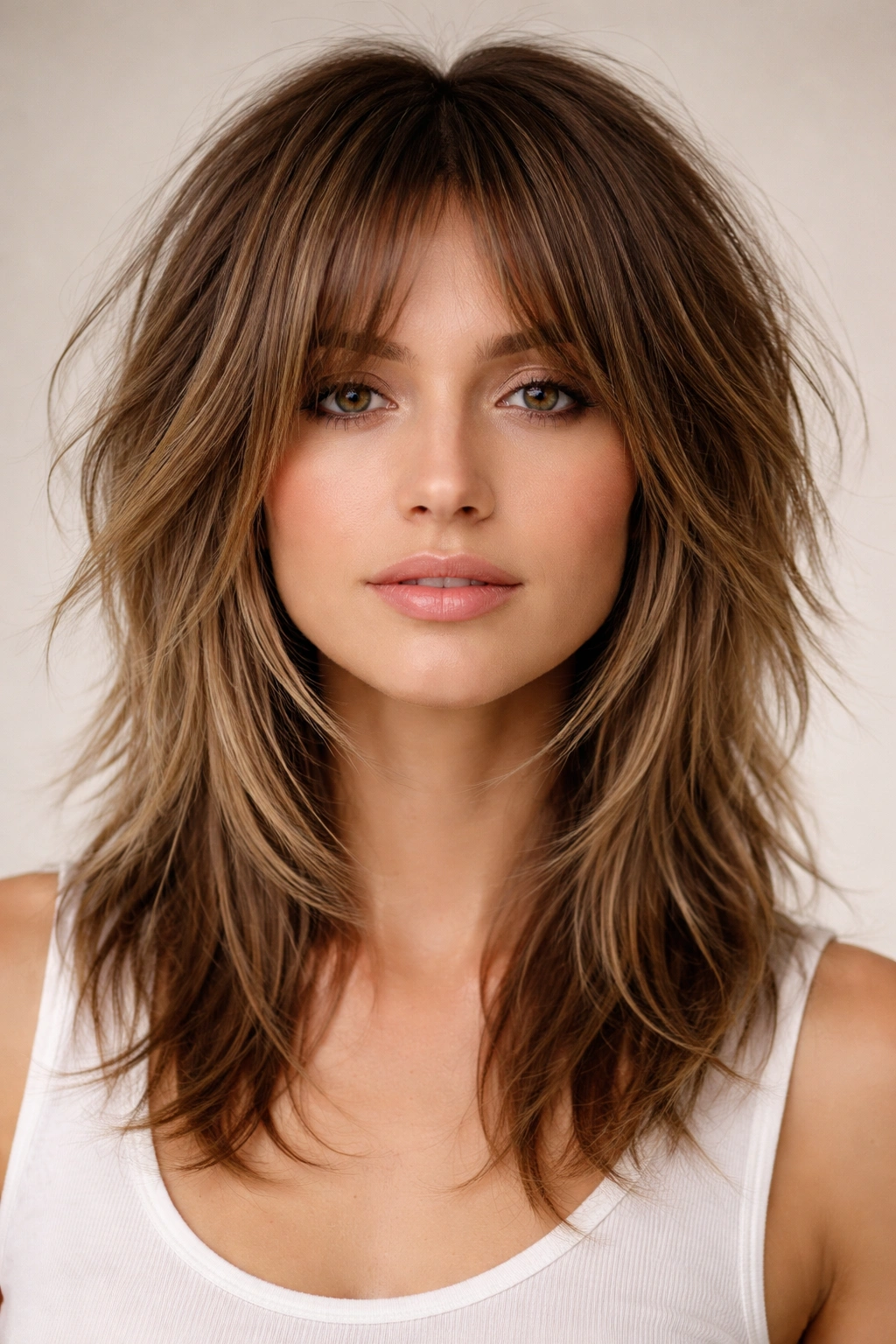 Close-up studio portrait of shag hairstyle with choppy layers and face-framing pieces