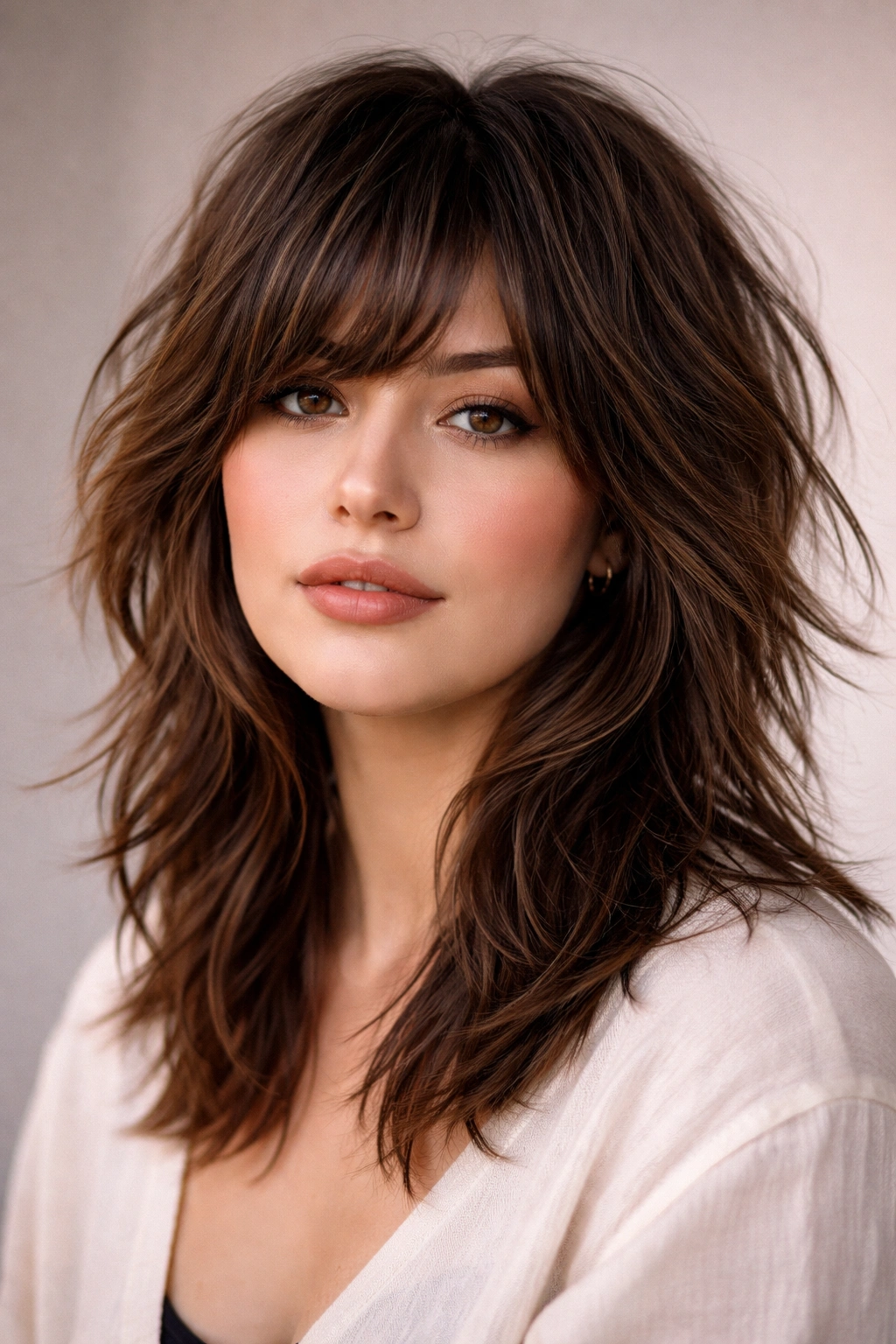 12 Haircuts For Round Faces And Double Chins 6 Shoulder-length shag with choppy layers framing the face