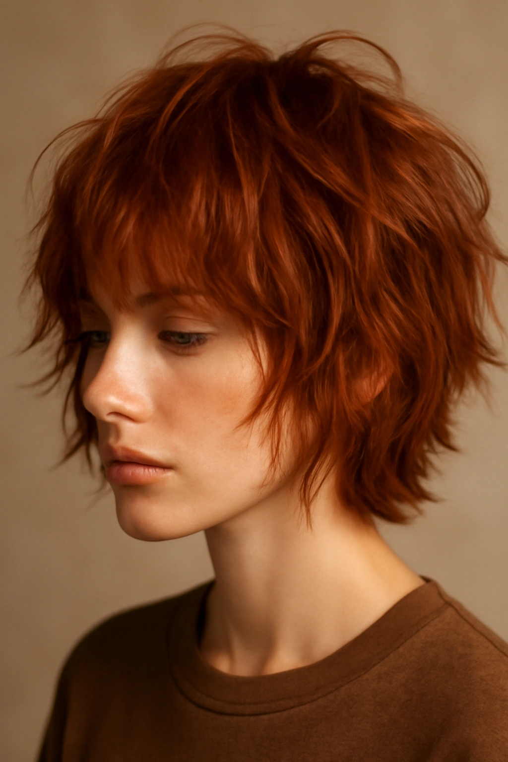 15 Short Haircut and Color Combos Worth Trying Together 6 Close-up of a tousled shag haircut in copper red showing movement
