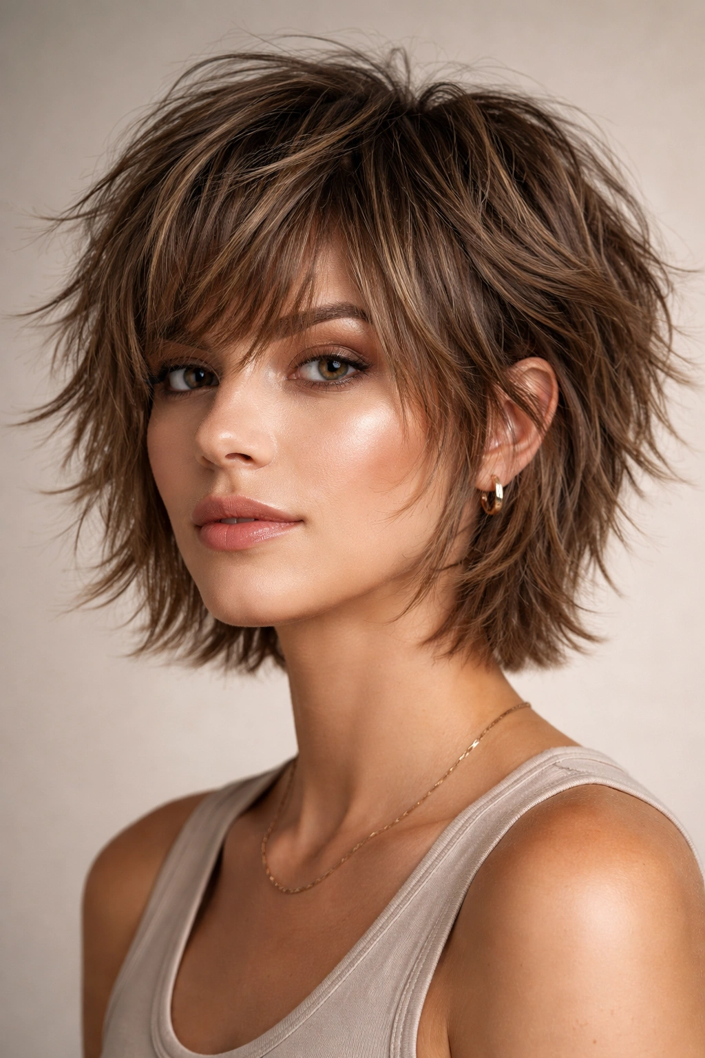 Close-up of a short tousled shag crop with choppy layers and undone texture