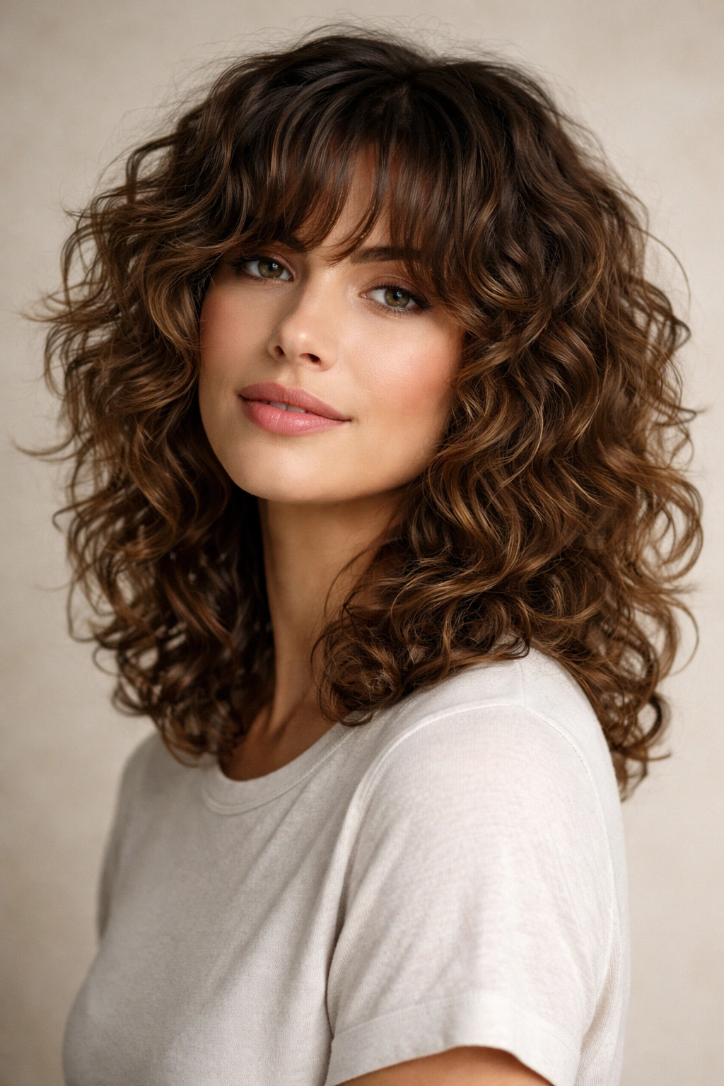 Shoulder-length curly hair with layered shag texture showing movement