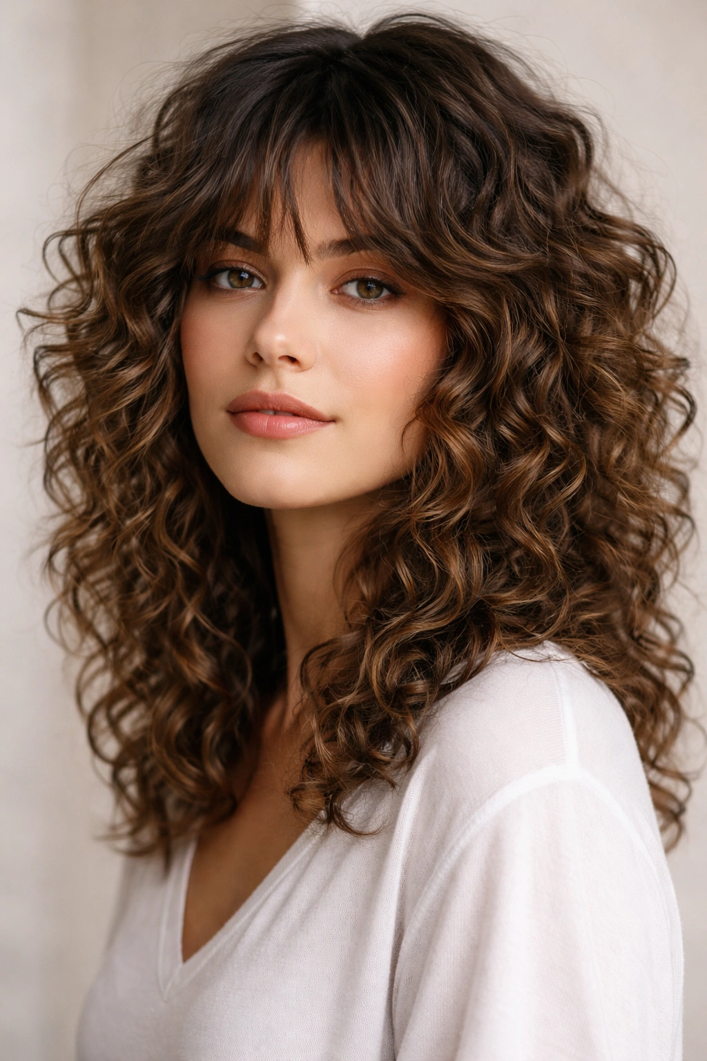 20 Shag Hairstyles Sorted By Hair And Face Type 11 Portrait of curly hair with longer curved bangs blending into shag framing layers