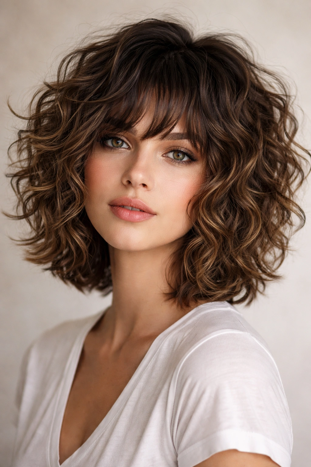Choppy shag curly bob hybrid showing crown volume and textured layers.