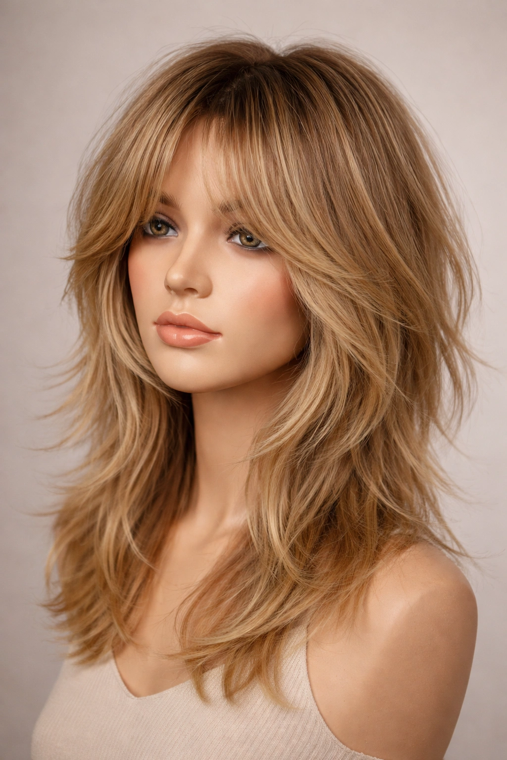 Mannequin head with curtain bangs blended into shag hairstyle