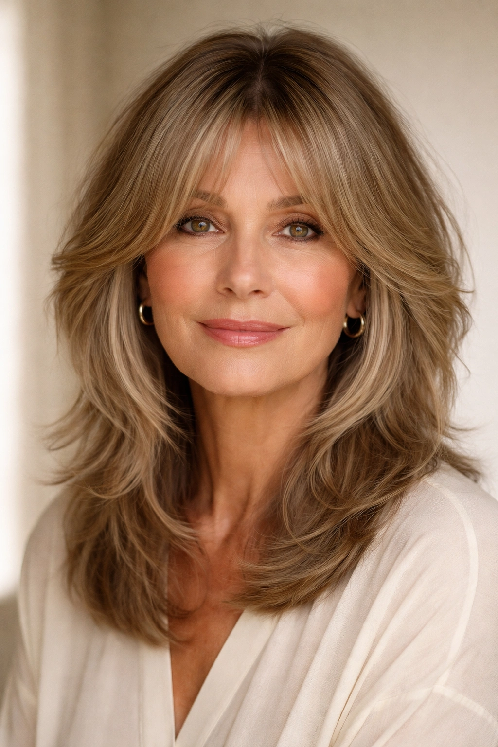 Shag with curtain bangs parted center, framing cheeks.