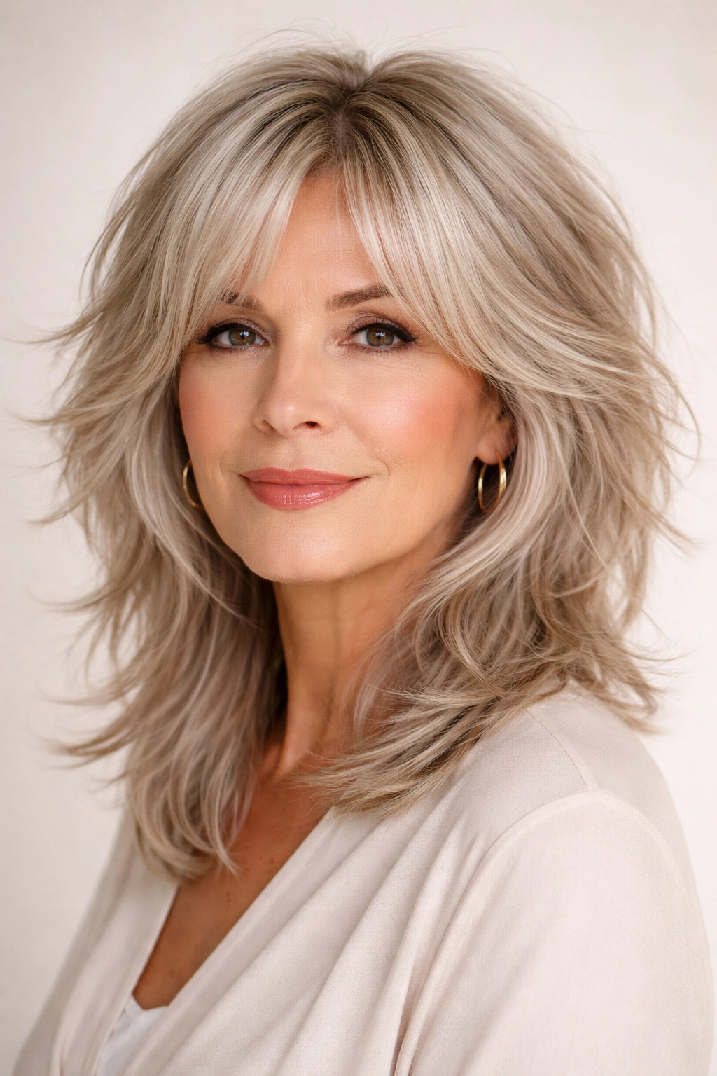 Portrait of a woman with a shag cut and curtain bangs