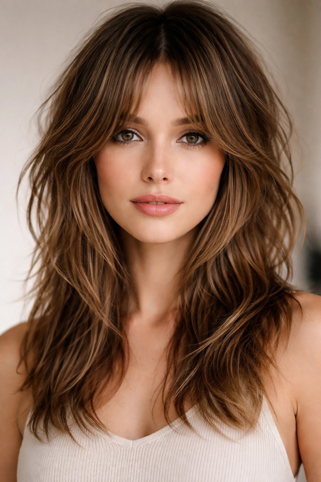 15 Medium Shaggy Hairstyles With Tons Of Texture 2 Front view of Textured Shag with Curtain Bangs showing dramatic face framing and texture