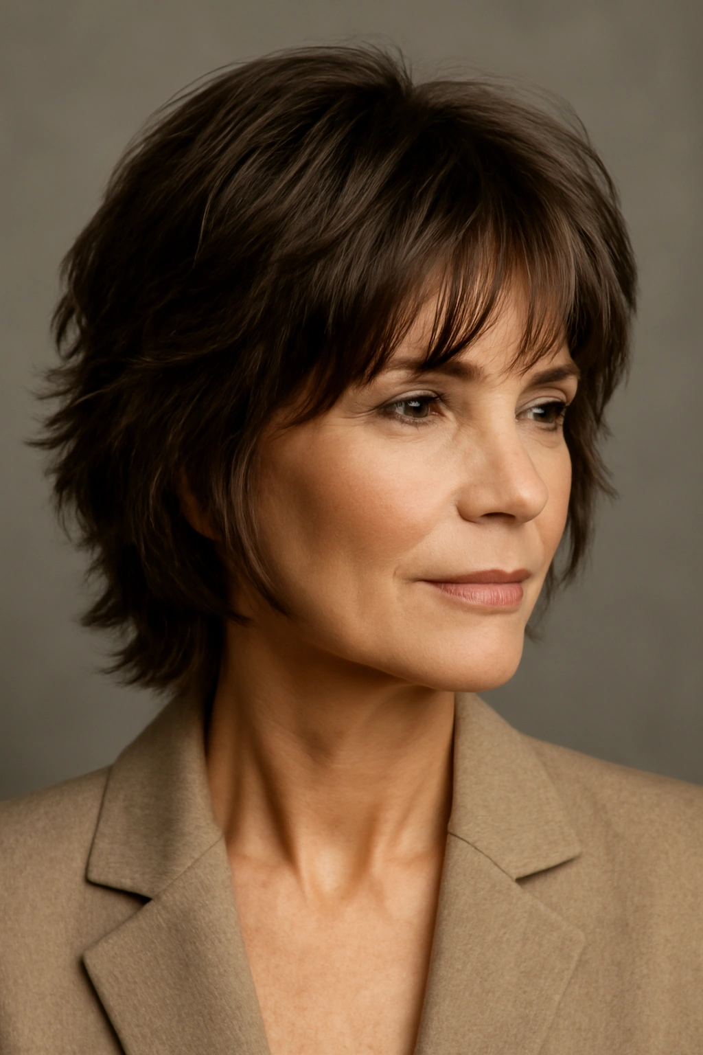 Mother of the Groom? 8 Elegant Short Hair Styles 3 Close-up of Sophisticated Shag Cut with mid-cheek layers and crown texture