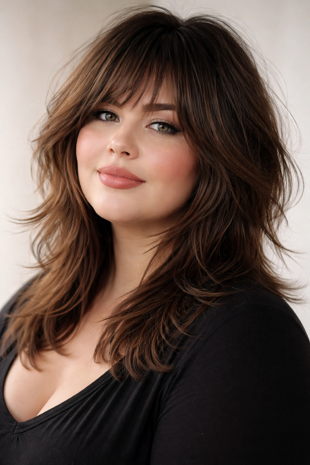 12 Short Haircuts For Plus Size Women With Round Faces 7 Shag cut hairstyle on a round-faced plus-size model in a studio portrait, layered feathered texture with crown volume