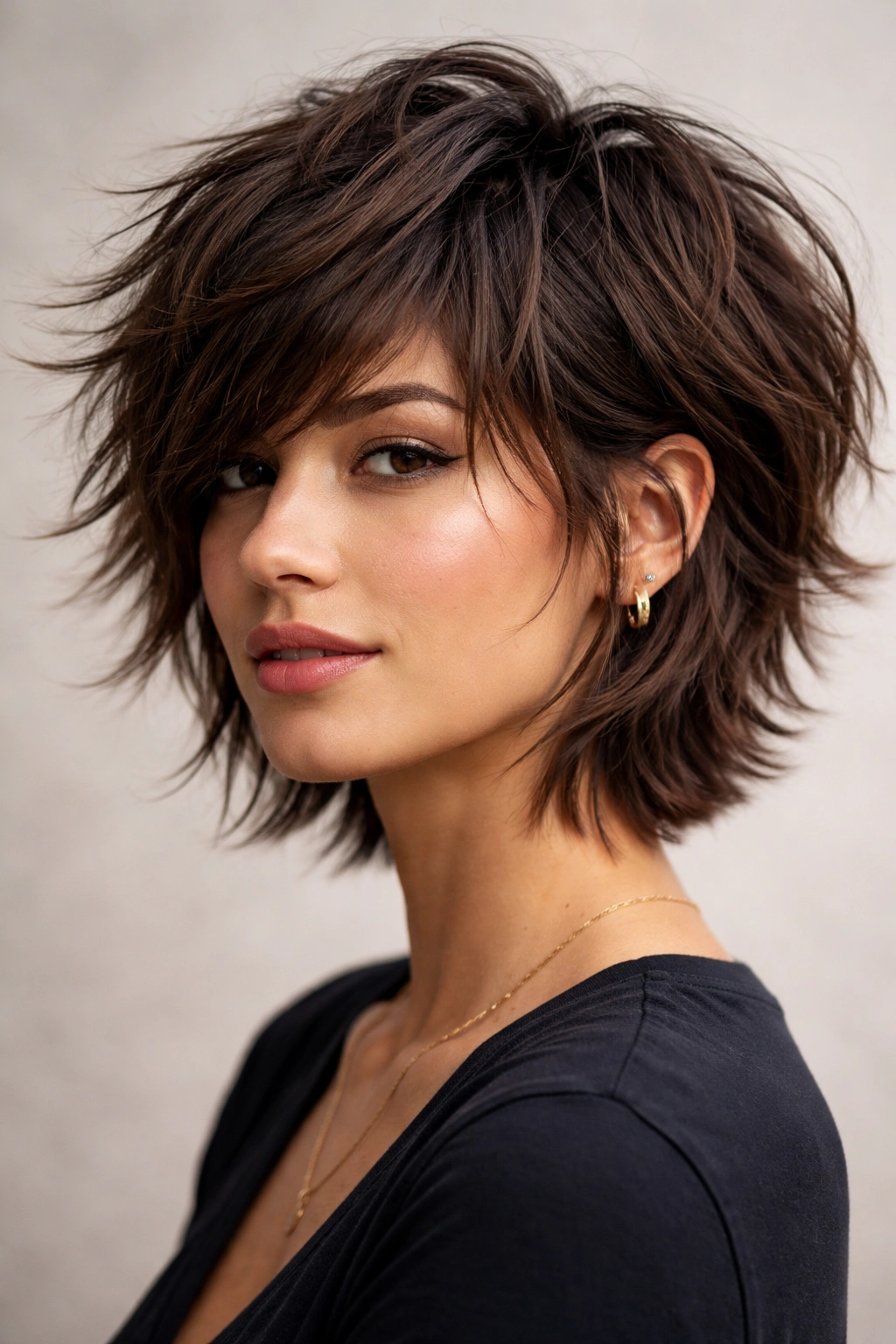 Close-up portrait of a person with a modern shag cut featuring layered movement