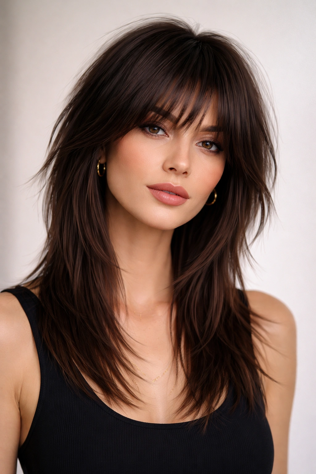 Modern shag with shorter top and longer feathered layers on straight hair