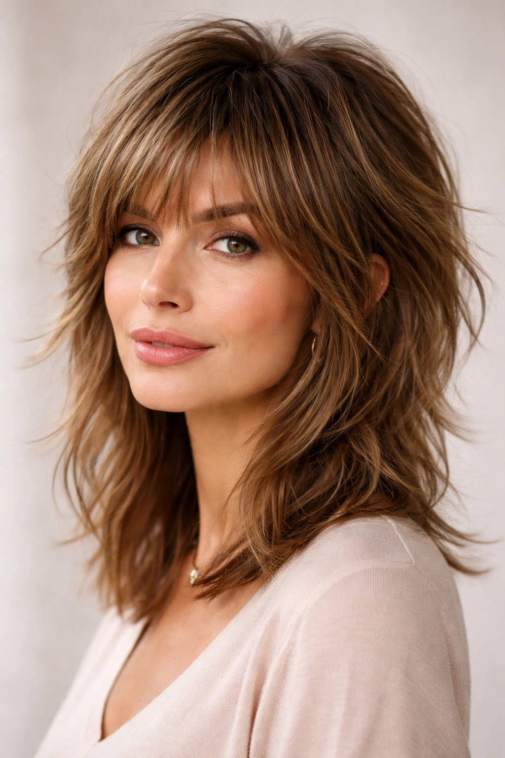Close-up of a woman wearing a shag cut with textured layers and voluminous crown