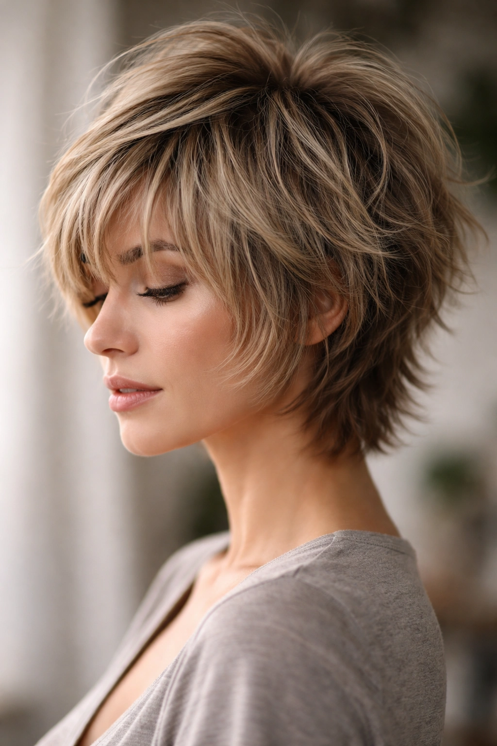 Close-up portrait of The Shag Cut displaying layered top and choppy interior for volume.