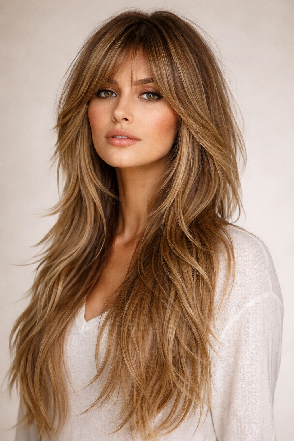 Long shag hairstyle with seamless extensions blending into textured layers