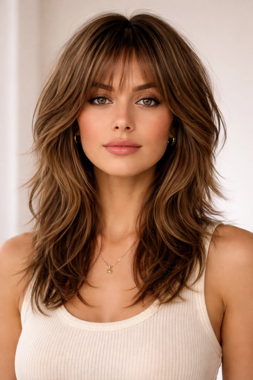 Portrait of a person with defined front layers in a shag cut
