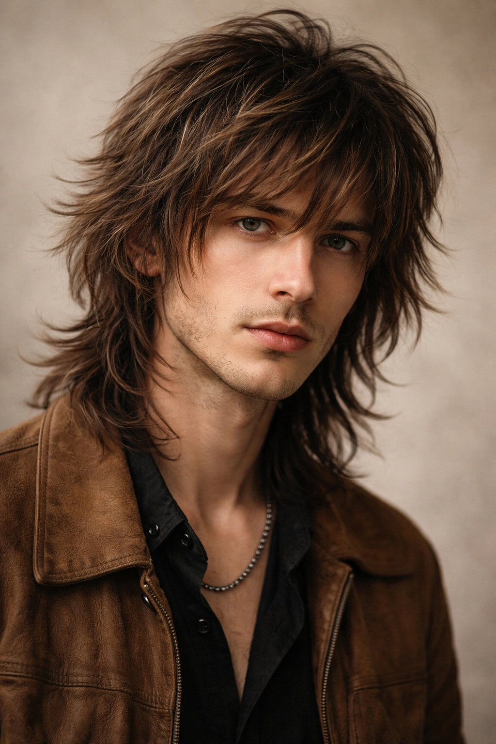 Close-up of a shag hairstyle showing layered, textured hair with shoulder-length back and face-framing front