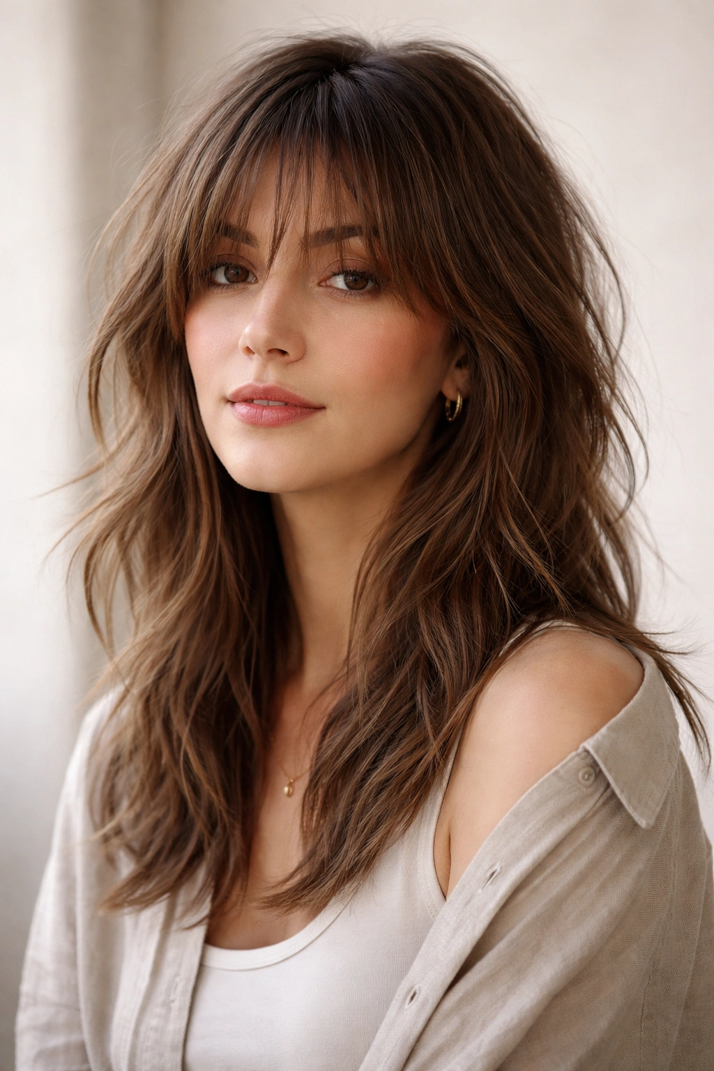 25 Medium Length Hairstyles For Women On The Go 10 Shag haircut with wispy bangs and layered texture