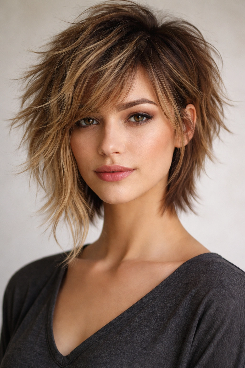 Head-and-shoulders showing a tousled shag with asymmetrical layers