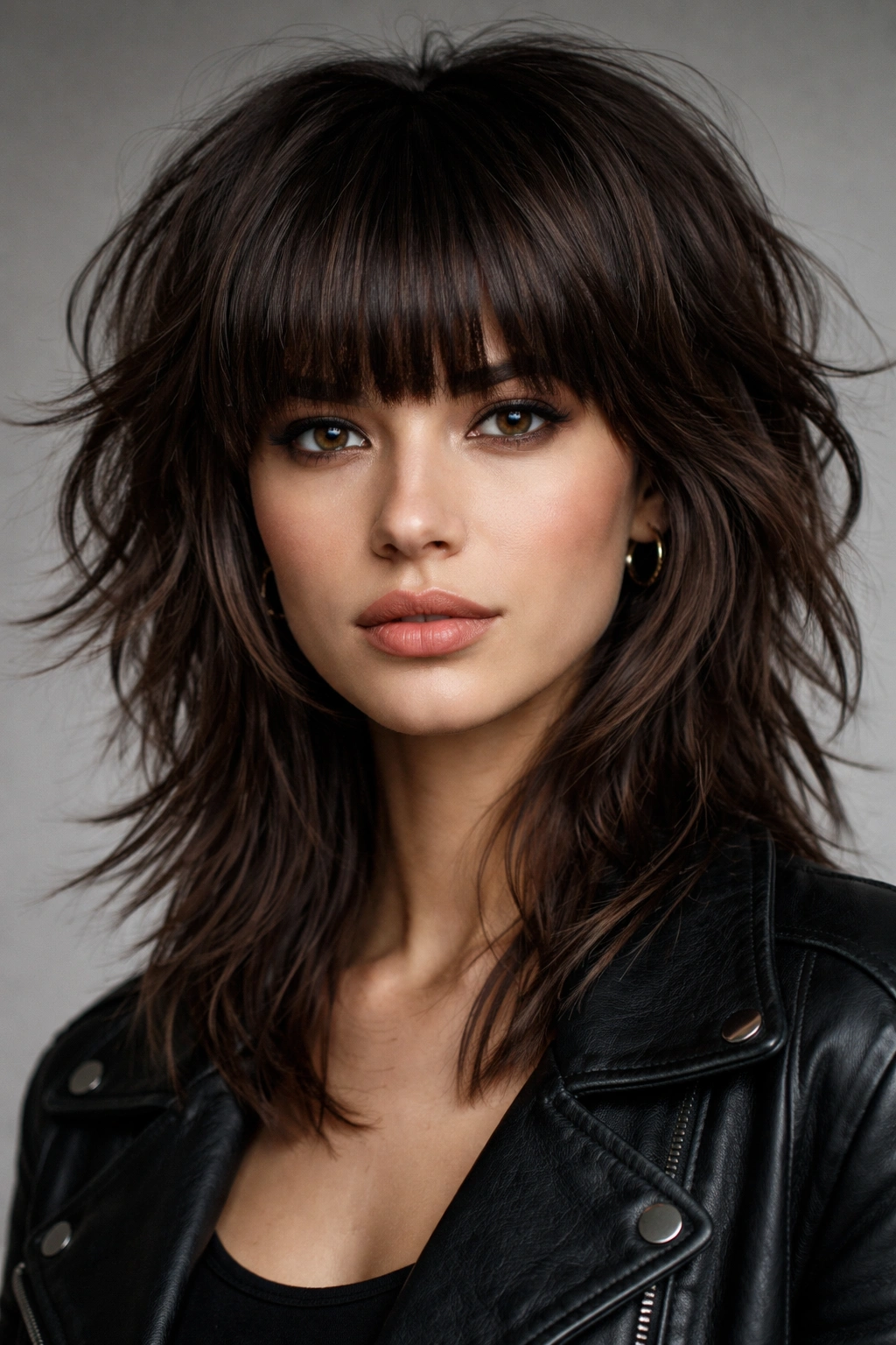 Portrait of a model with textured shag layers and a blunt fringe showing movement and depth