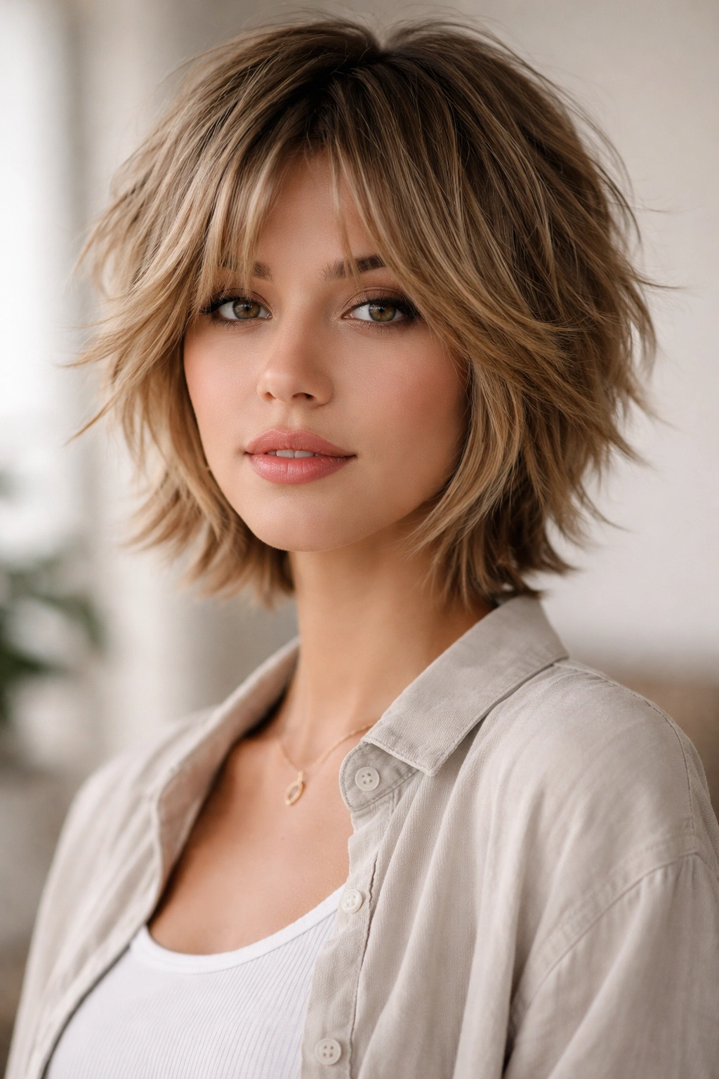 Tousled shag with layered curtain bangs creating movement