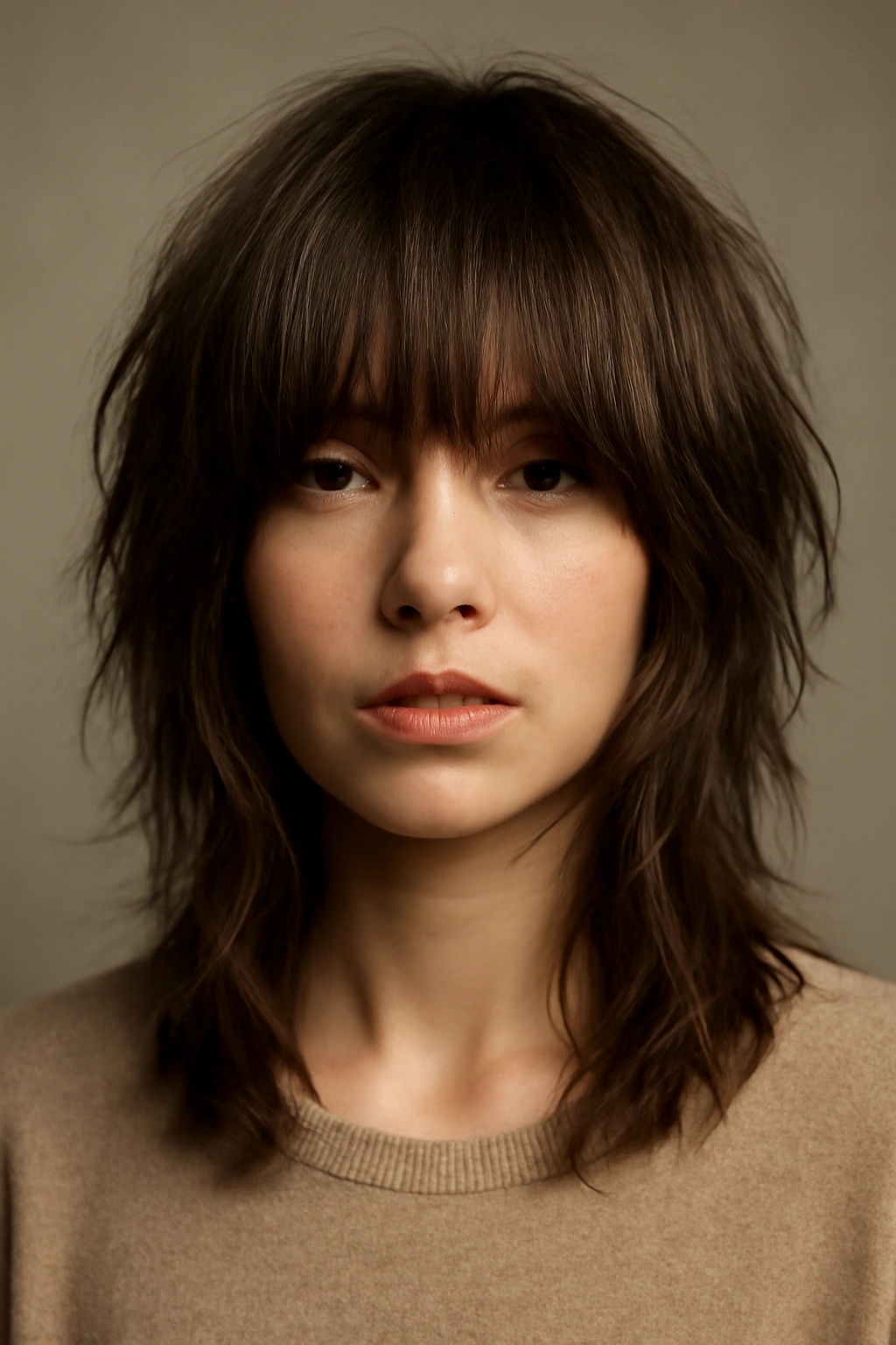 20 Medium Layered Haircuts Stylists Get Asked For Most 19 Close-up of a model's head showcasing a shag haircut with extended bangs and textured layers