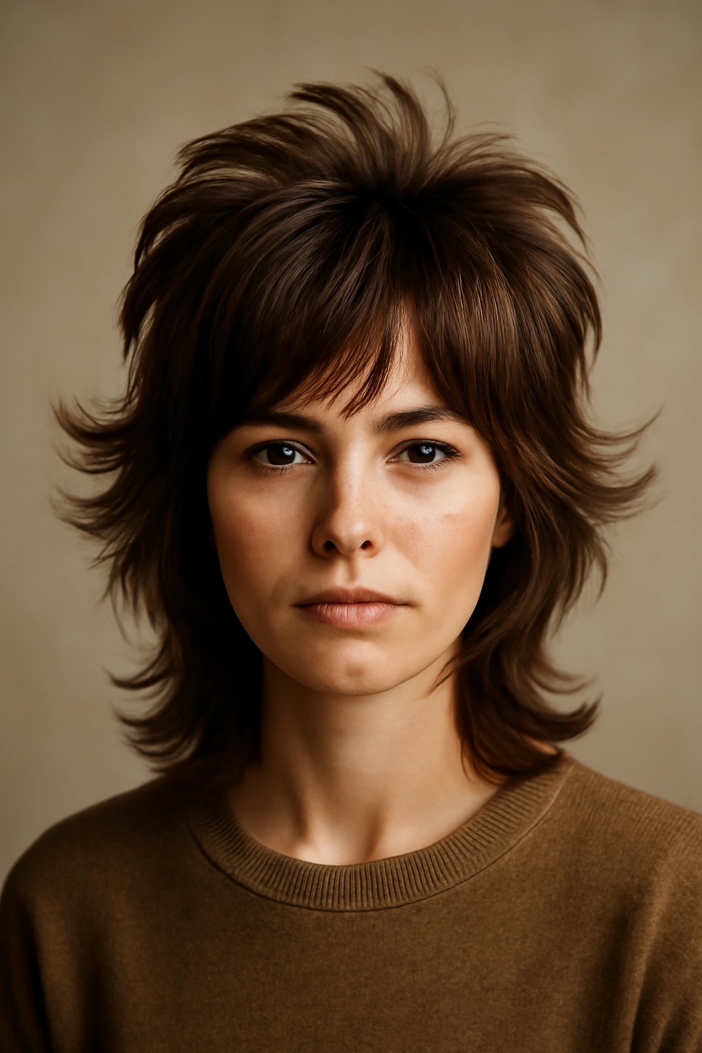 20 Shag Cuts That Instantly Upgrade Your Look 13 The Flipped-Out Shag hairstyle with flipped crown layers in a retro silhouette, studio portrait.