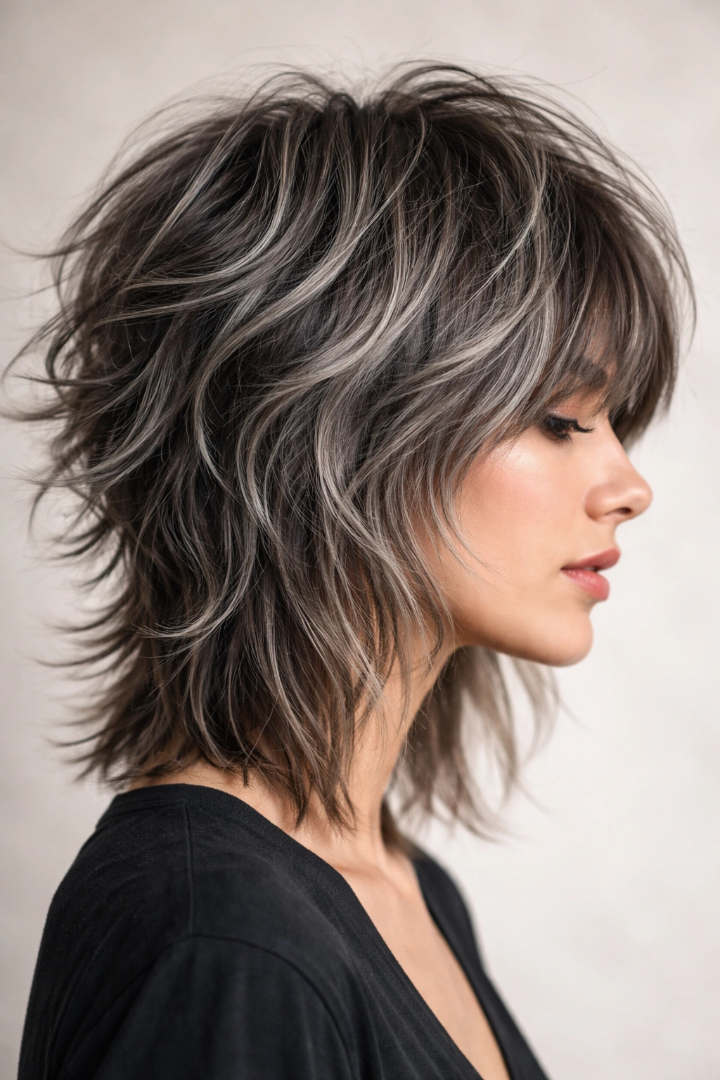 10 Short Haircuts Accented With Soft Gray Highlights 3 Side profile of a choppy shag showing gray dimension across layers