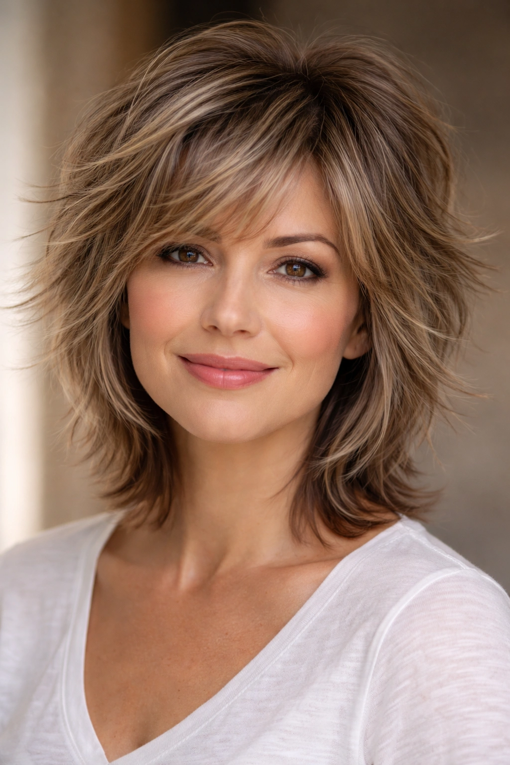 10 Short Haircuts For Women With Round Faces Over 40 4 Shag haircut with feathered layers creating movement.