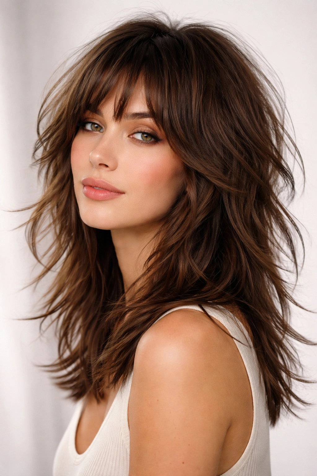 Portrait of a person with a modern shag haircut showing movement