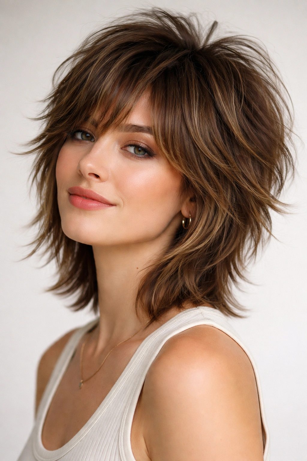 Close-up of a short layered shag with crown lift and face-framing layers, showing natural movement.