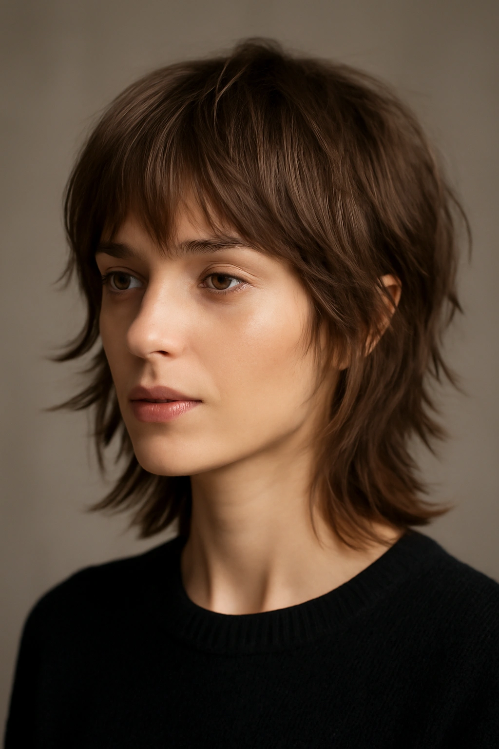 12 Short Haircuts That Work on Baby Fine Hair 4 Portrait of a person with a layered shag haircut showing textured layers and movement.