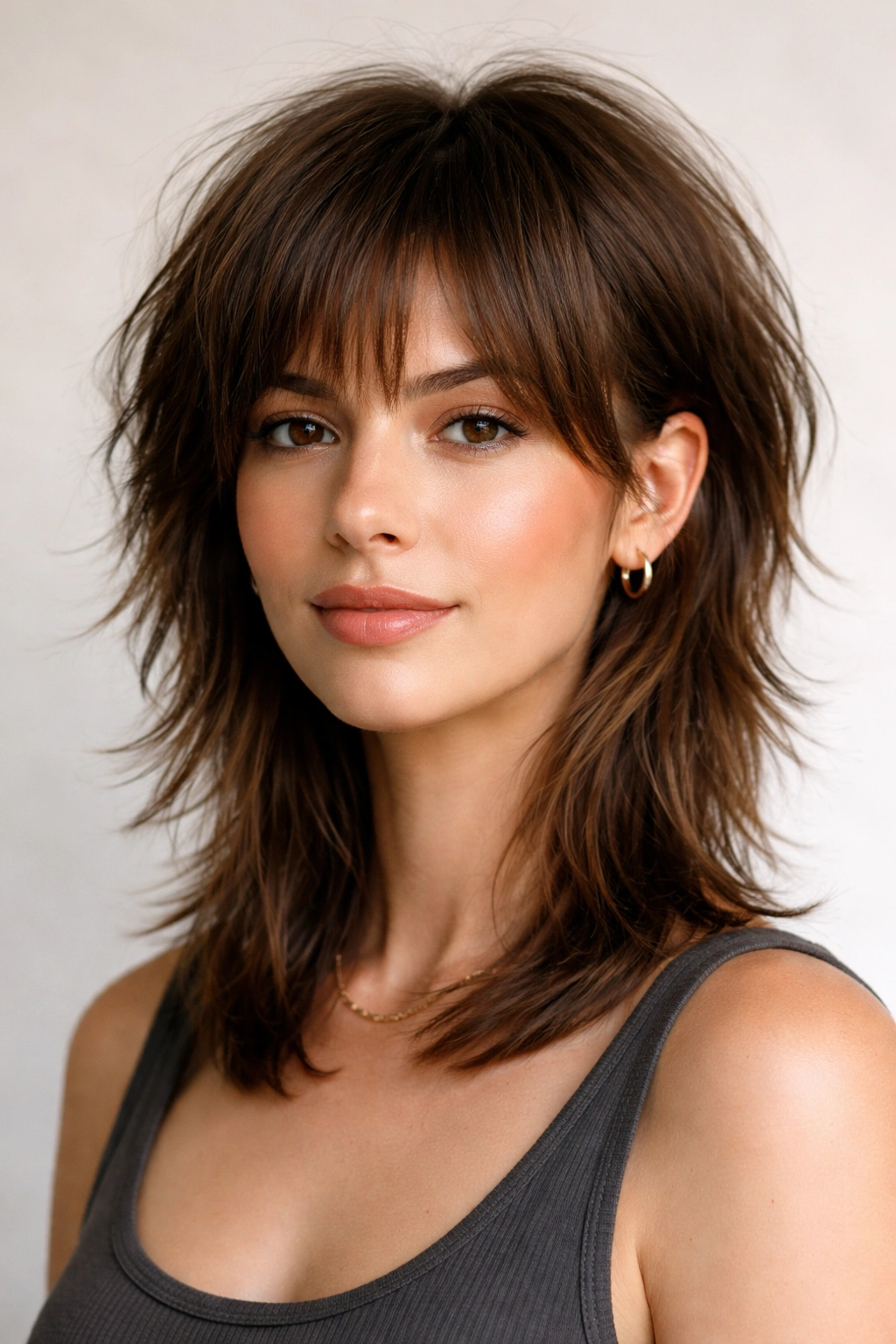 Close-up portrait of a person with a subtle undercut shag, sides slightly shorter than the crown