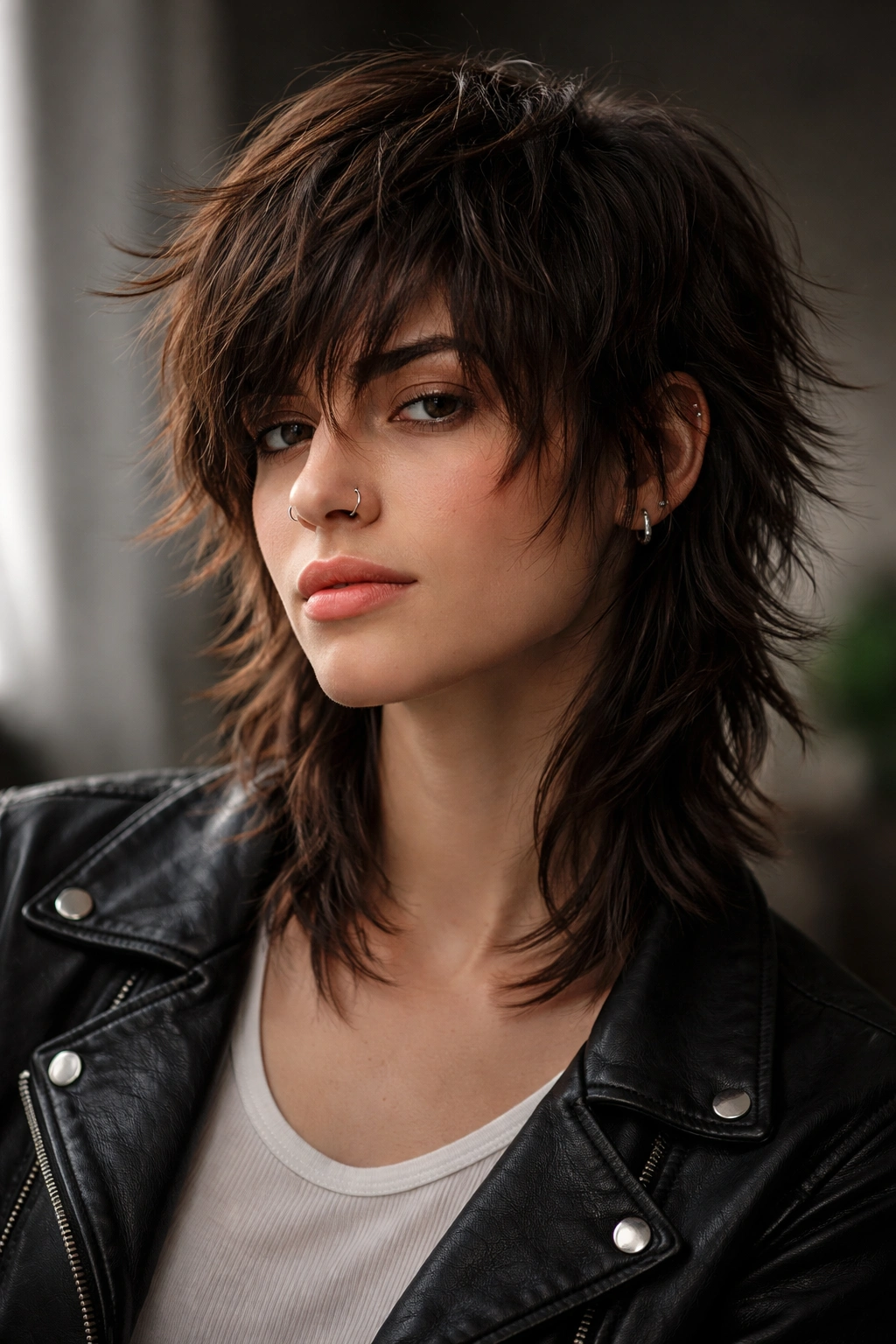 Portrait of a person with a layered shag cut showing movement and texture.