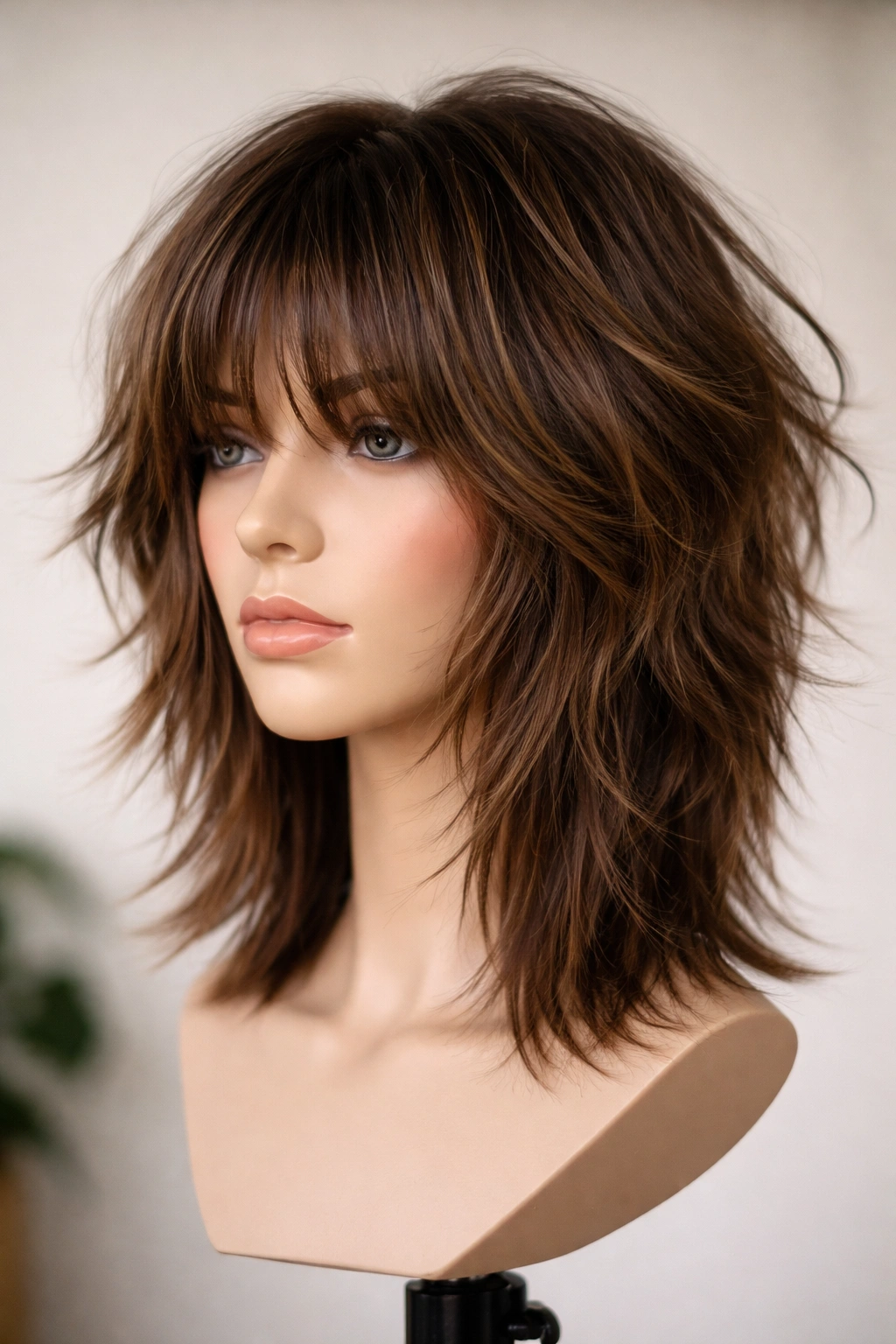 15 Short Haircuts That Balance Out A Longer Face 3 Mannequin head wearing a layered shag cut with cheek-grazing front pieces and textured volume.