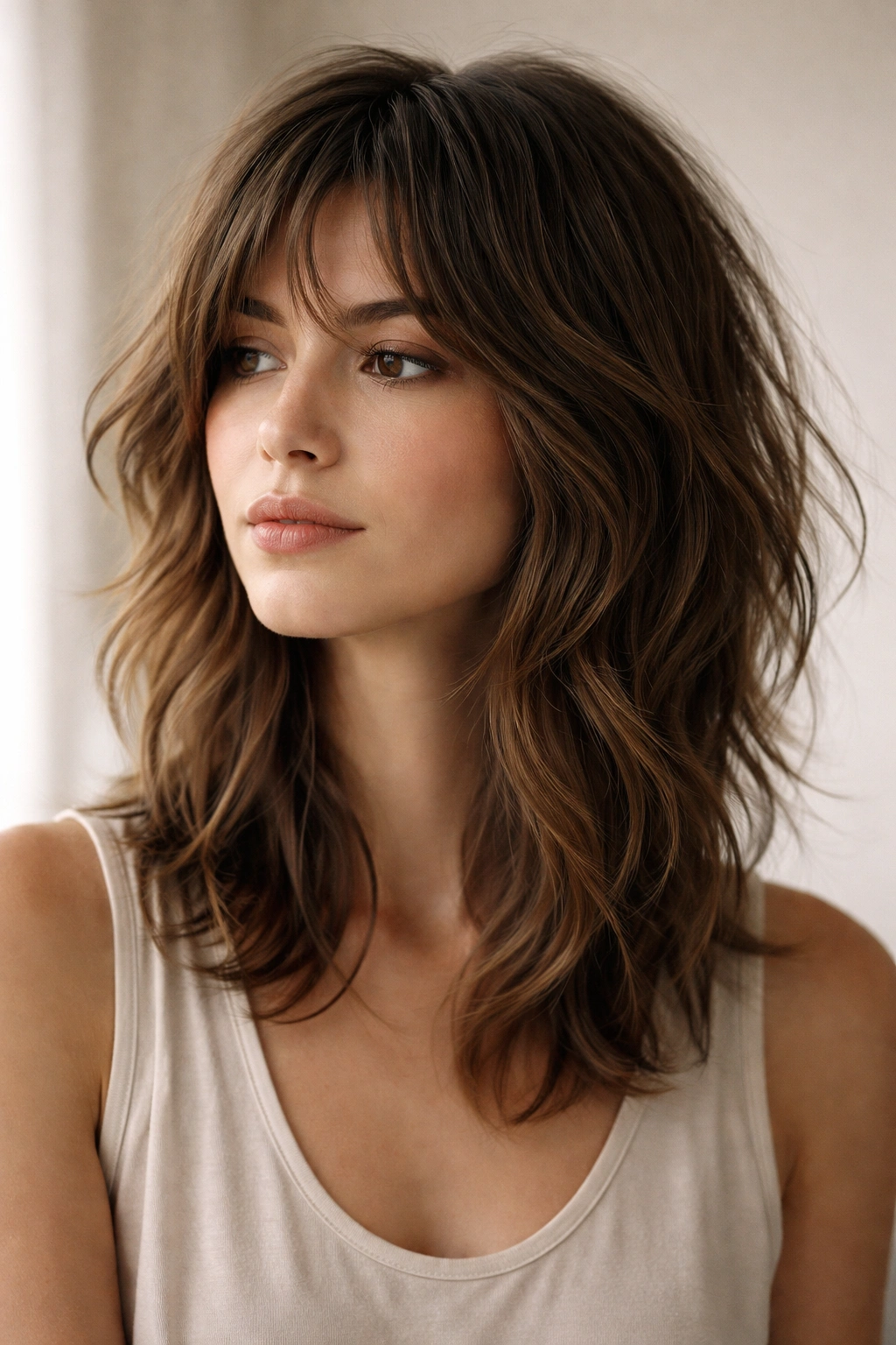 12 Shoulder Length Shag Cuts For Any Hair Type 13 Close-up of a person with a shoulder-length shag showing textured waves in a neutral studio setting