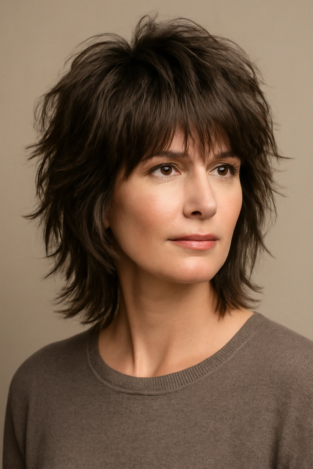 Portrait of woman with shag haircut showing lift and texture for volume.