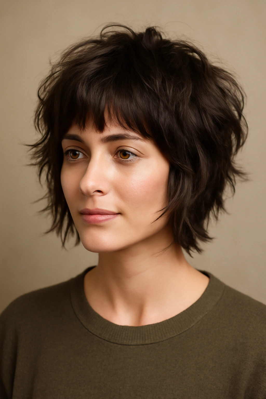 Portrait of a woman with a textured shag and crown volume.