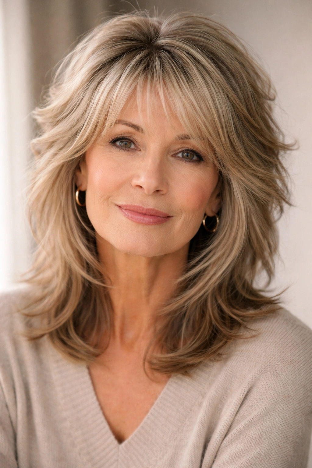 Close-up of a mature woman's medium shag with textured crown and feathered face frame.