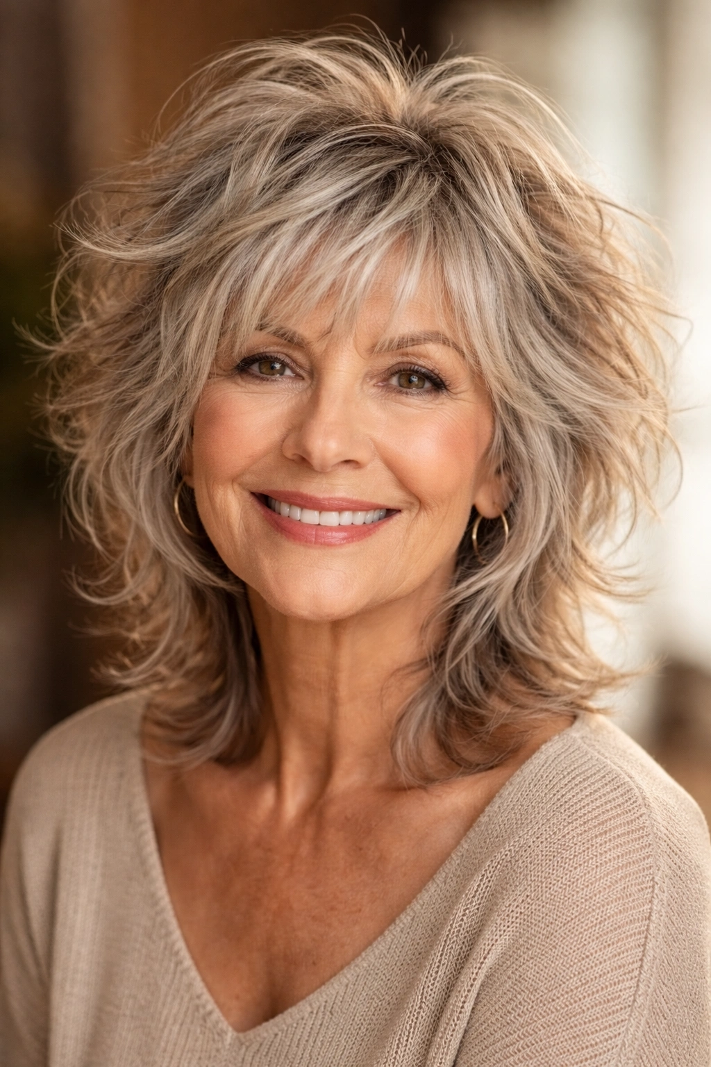 Portrait of a woman with a tousled shag hairstyle with layered texture.