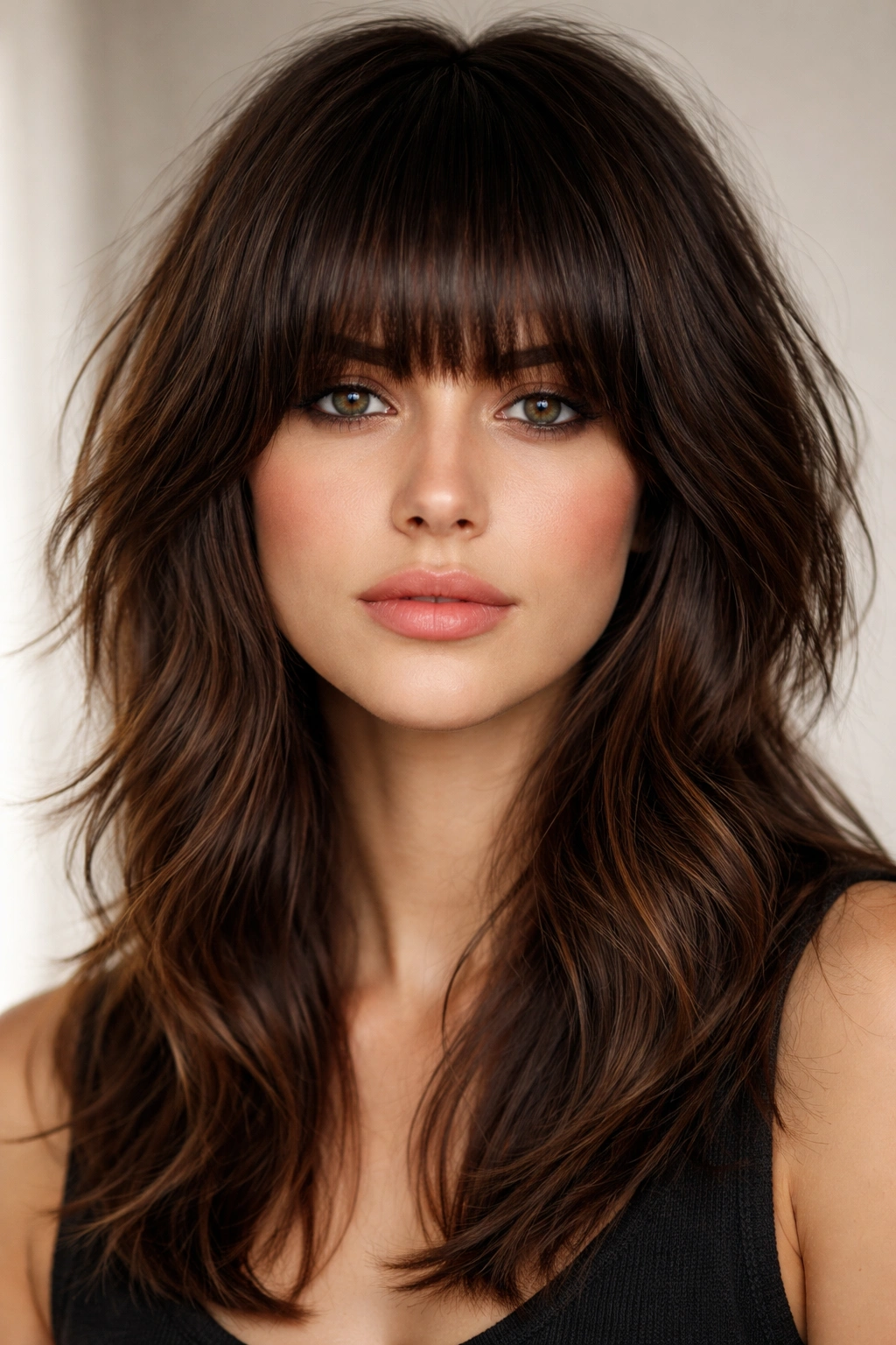 Close-up portrait of a person with a thick eyebrow-skimming fringe in a shag haircut