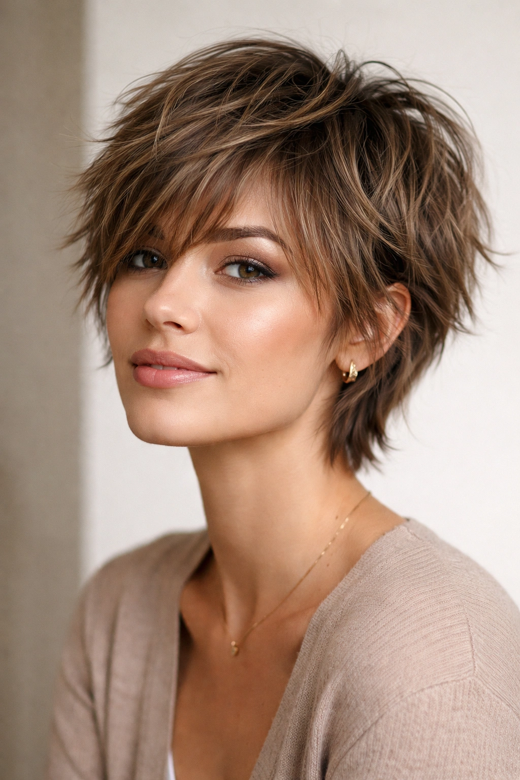 15 Short Haircuts That Instantly Make You Look Younger 2 Shaggy crop hairstyle with wispy layers in a portrait.