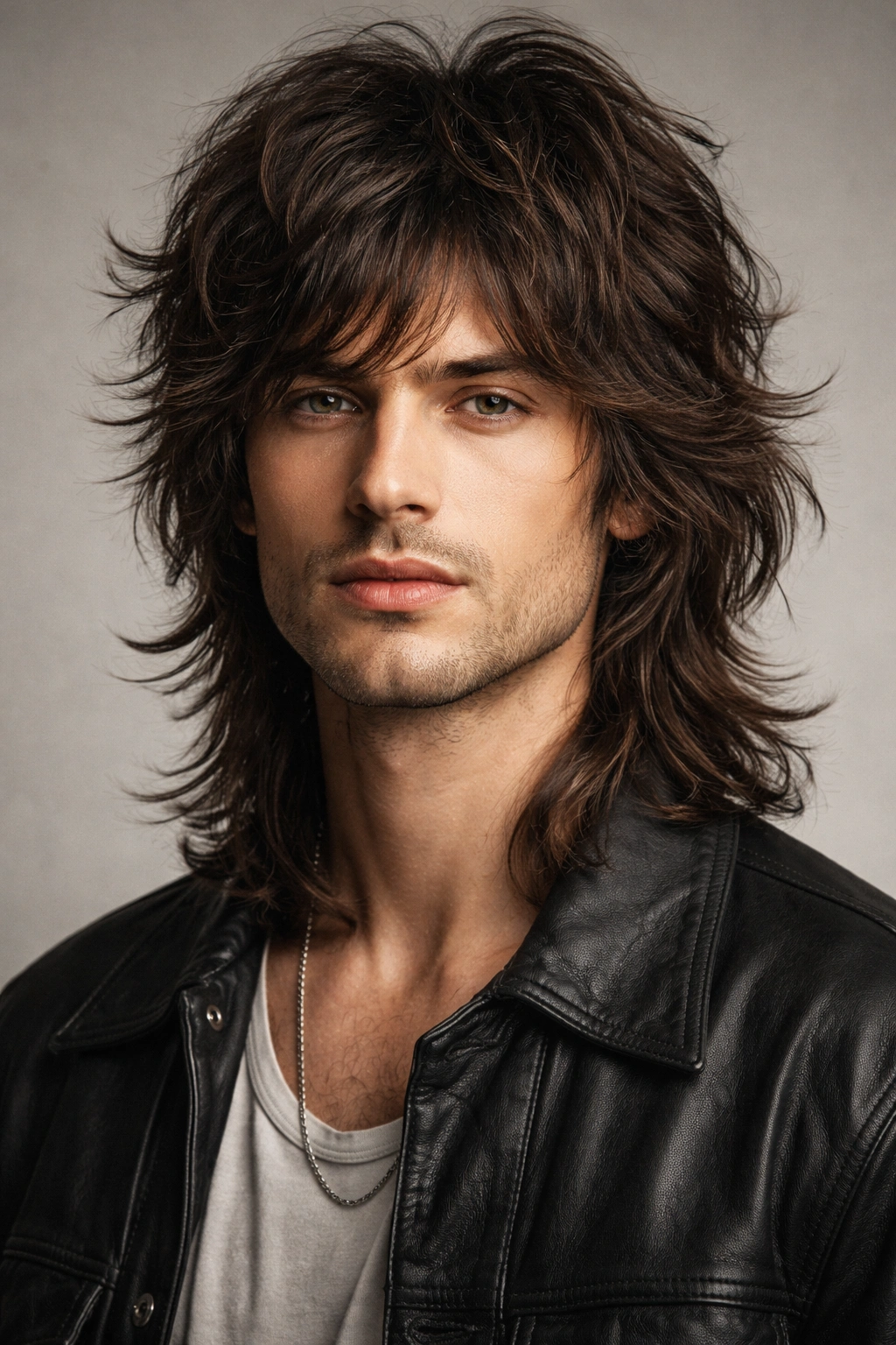 Close-up of a male model's The Shag hairstyle with layered choppy texture