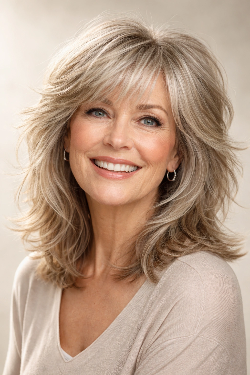 Close-up of The Modern Shag hairstyle on a mature woman with textured layers and volume.