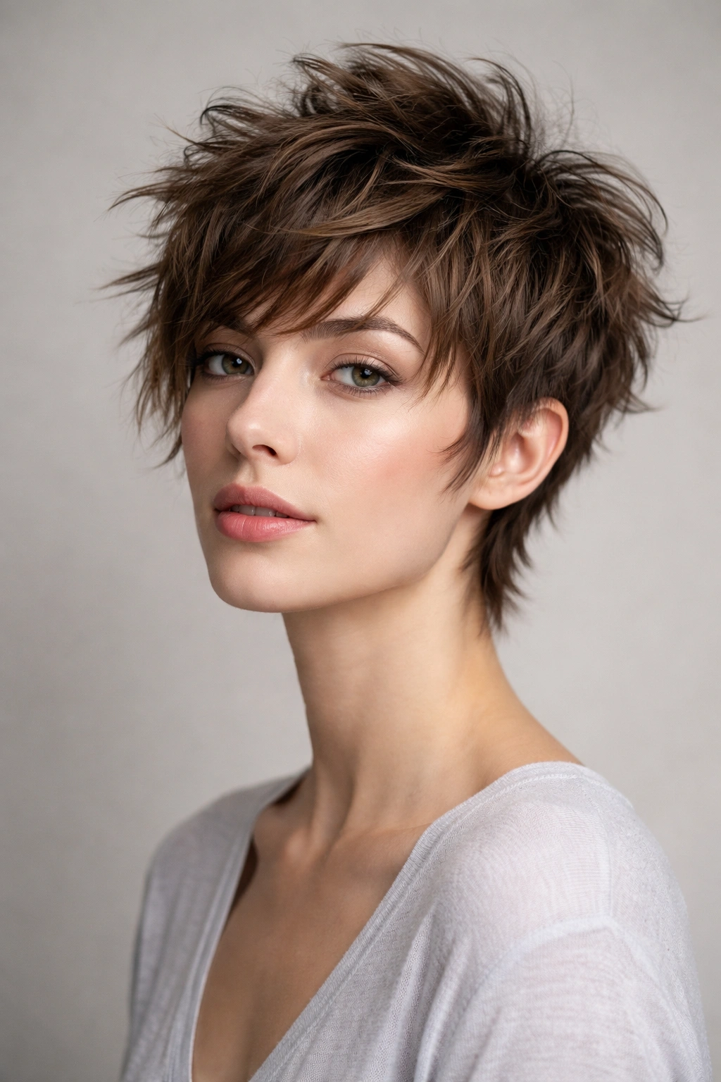 Head-and-shoulders portrait showing a tousled shag with shorter sides and textured top