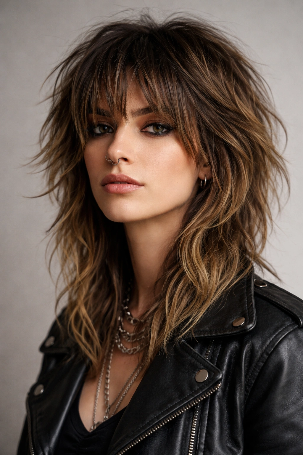 Close-up portrait of The Shag hairstyle showing choppy layers and textured waves.